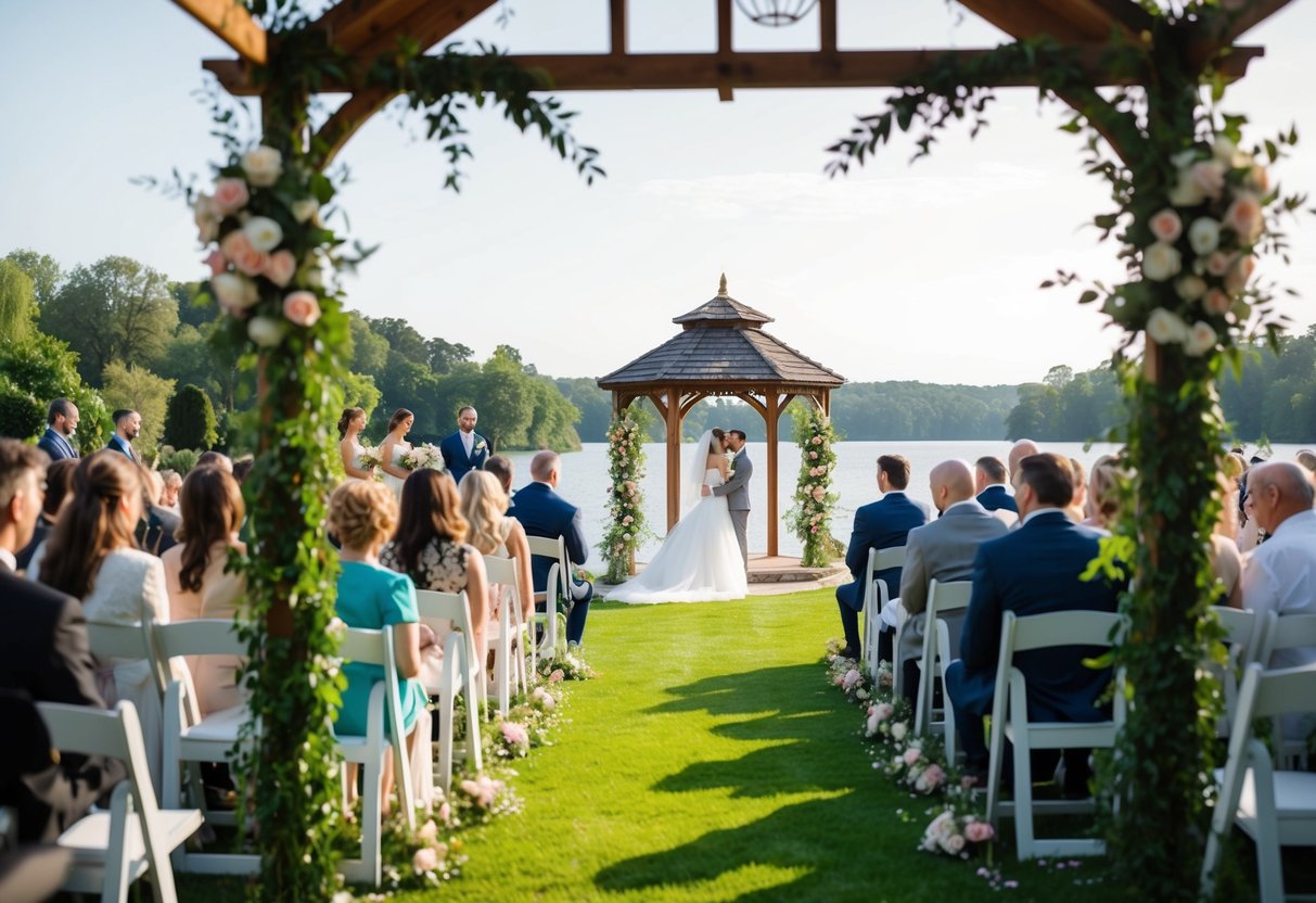 A beautiful outdoor wedding ceremony with floral decorations and a gazebo, surrounded by lush greenery and a serene lake in the background