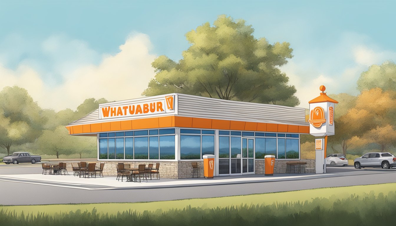 A Whataburger restaurant in San Marcos with drive-thru and outdoor seating, surrounded by trees and a clear blue sky