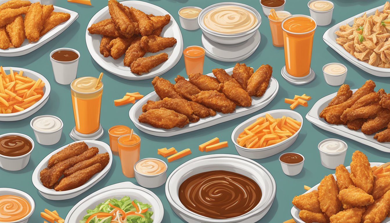 A platter of WhatABurger wings surrounded by an array of dipping sauces in various flavors