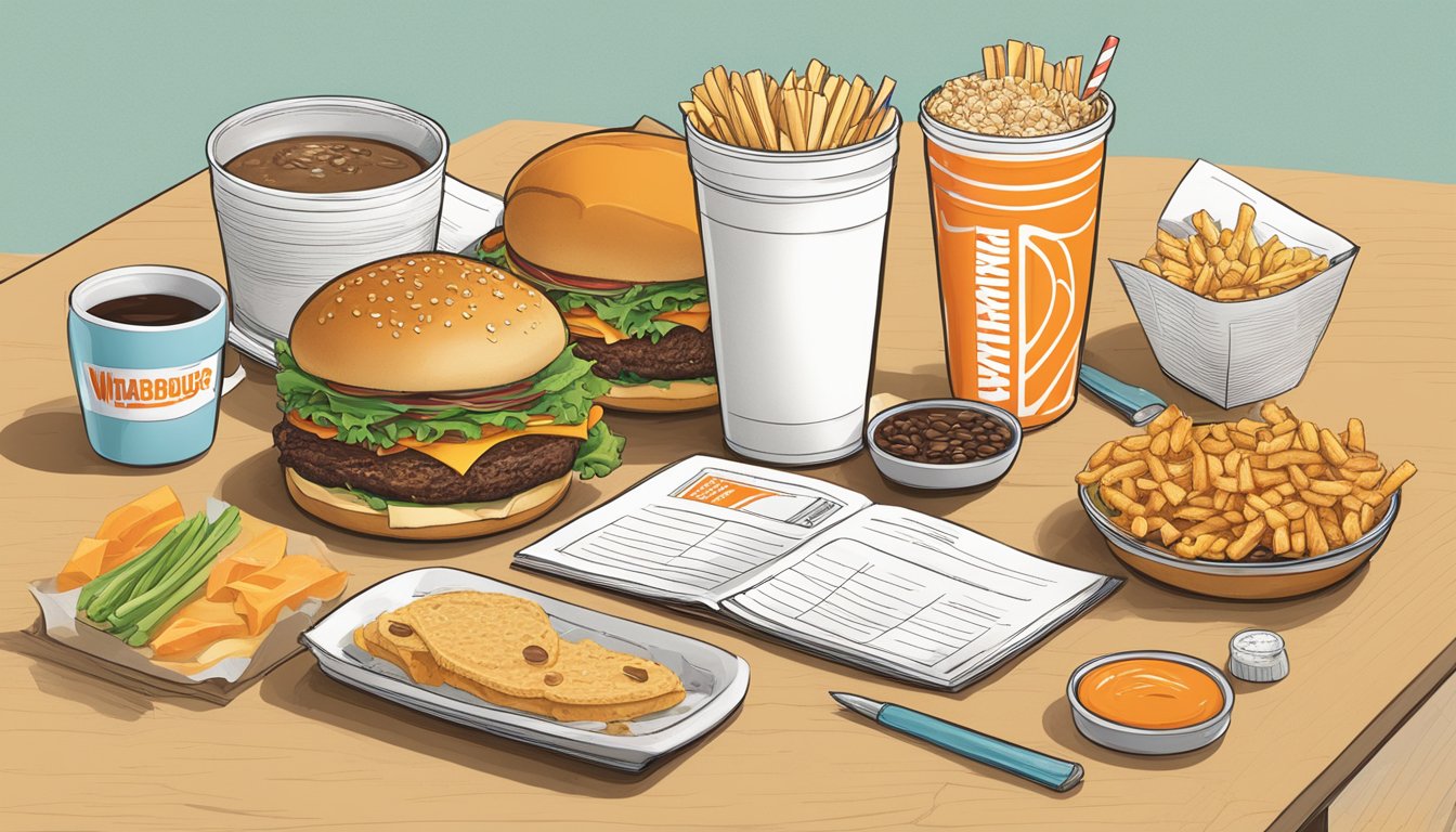 A table with a Whataburger menu, nutritional information pamphlets, and various food items scattered around