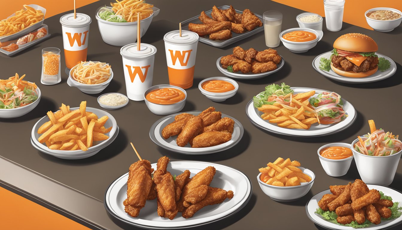 A table with various flavors of WhatABurger wings and additional menu items displayed on plates and bowls