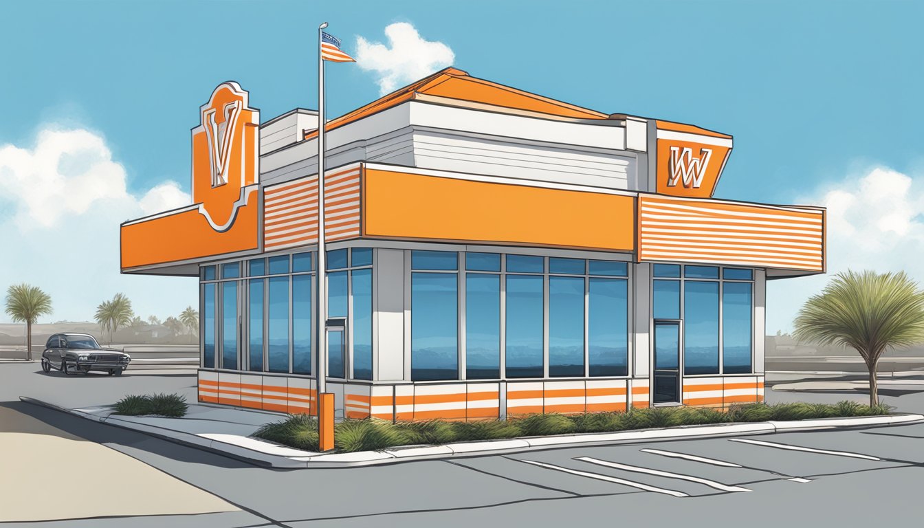 The iconic orange and white striped building of San Marcos Whataburger stands out against a bright blue sky, with the signature flying W logo proudly displayed