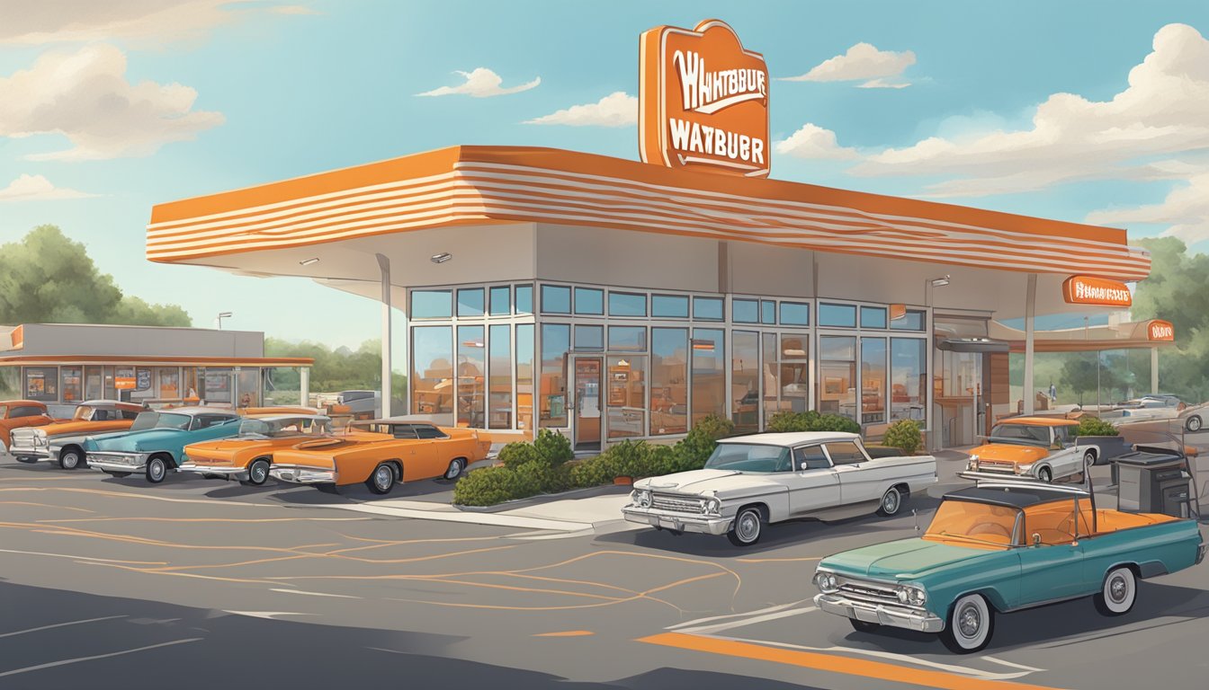 A bustling Whataburger restaurant in San Marcos, with a line of cars at the drive-thru and customers dining inside, while others leave reviews and ratings online