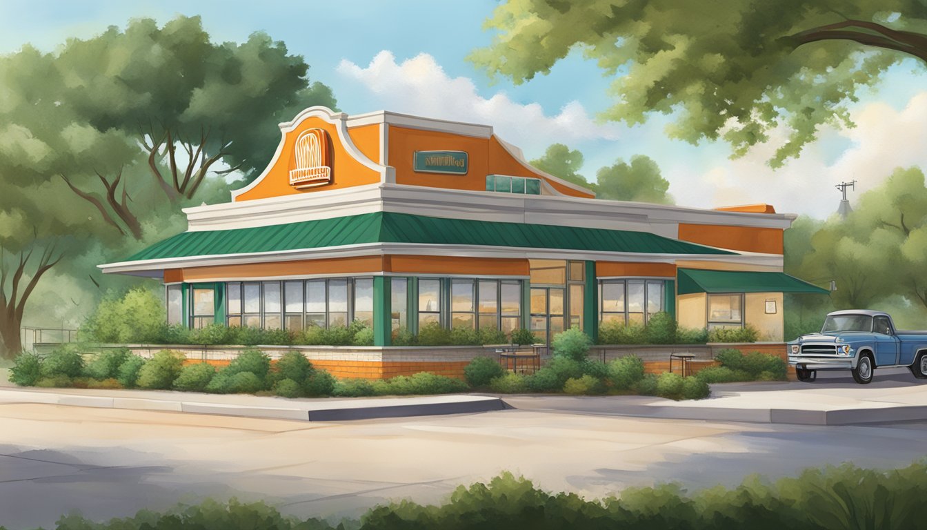 A classic Whataburger restaurant in Weatherford, Texas, with a mix of historical and modern architectural elements, surrounded by lush greenery