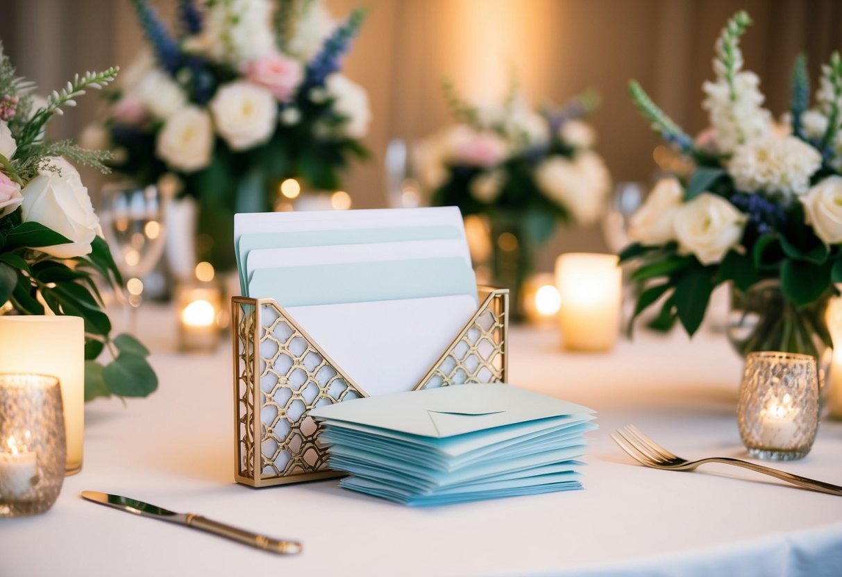 A table with a decorative envelope holder and a stack of cash envelopes, surrounded by elegant floral centerpieces and soft candlelight