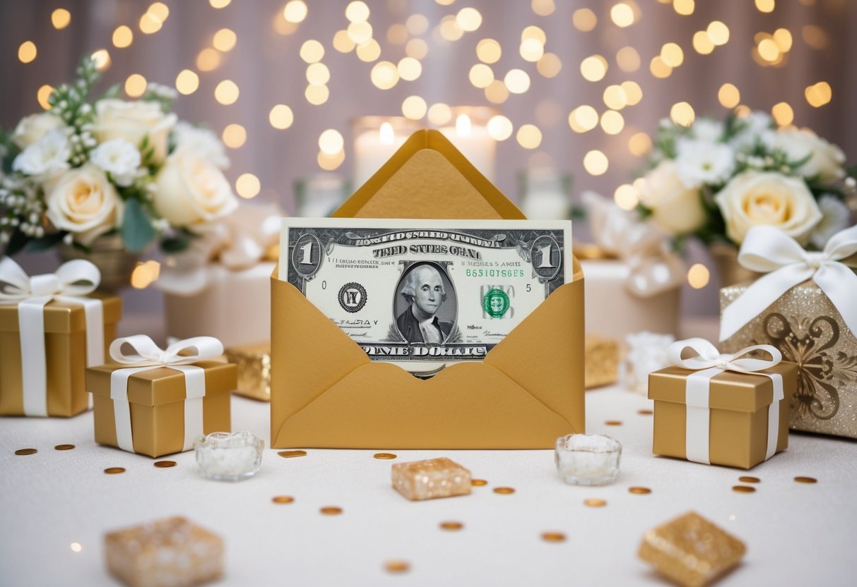 A decorative envelope with cash inside, surrounded by elegant wedding decor and gifts