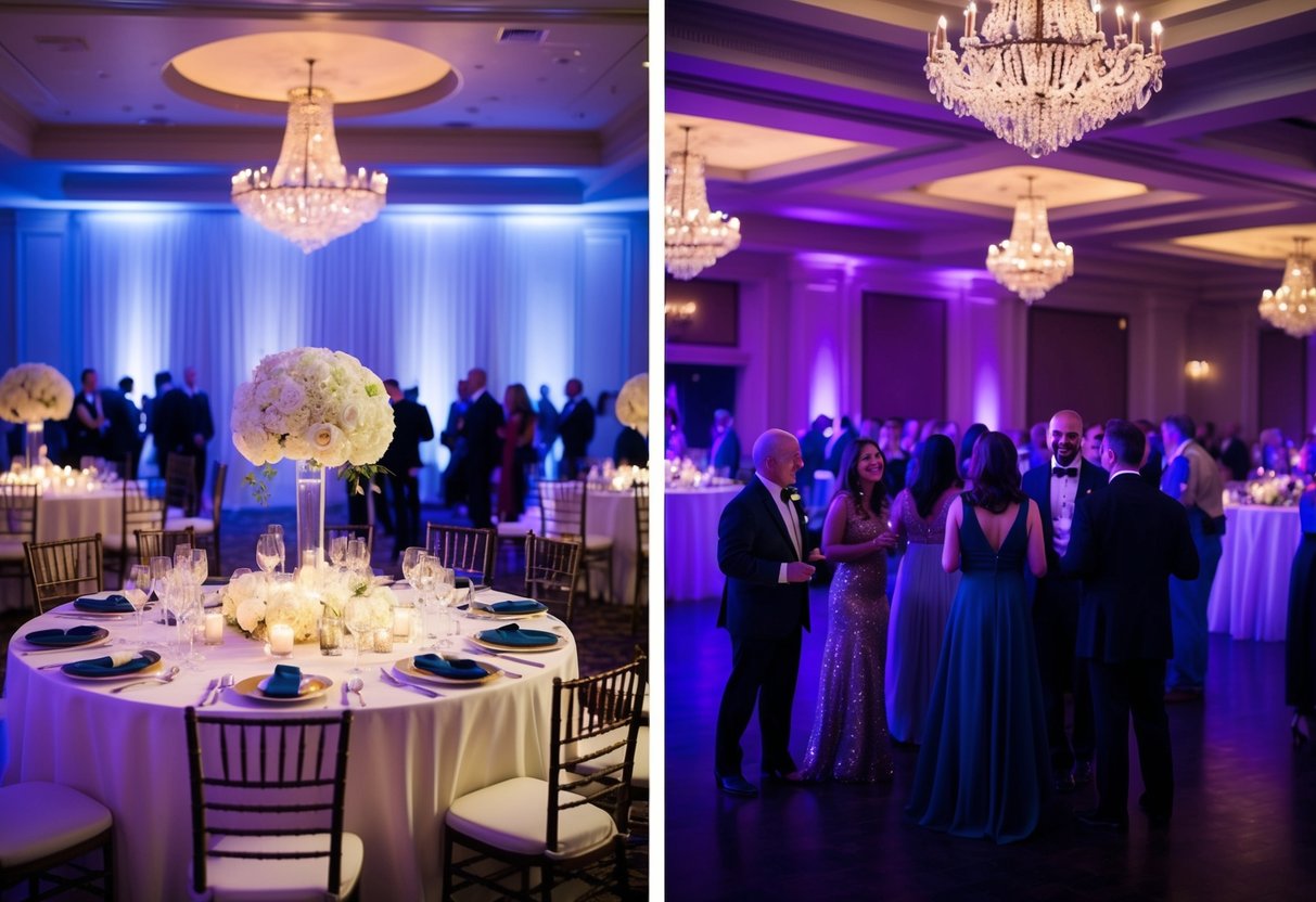 A brightly lit reception with elegant decor and formal attire transitions to a dimly lit after-party with a lively atmosphere and casual dress