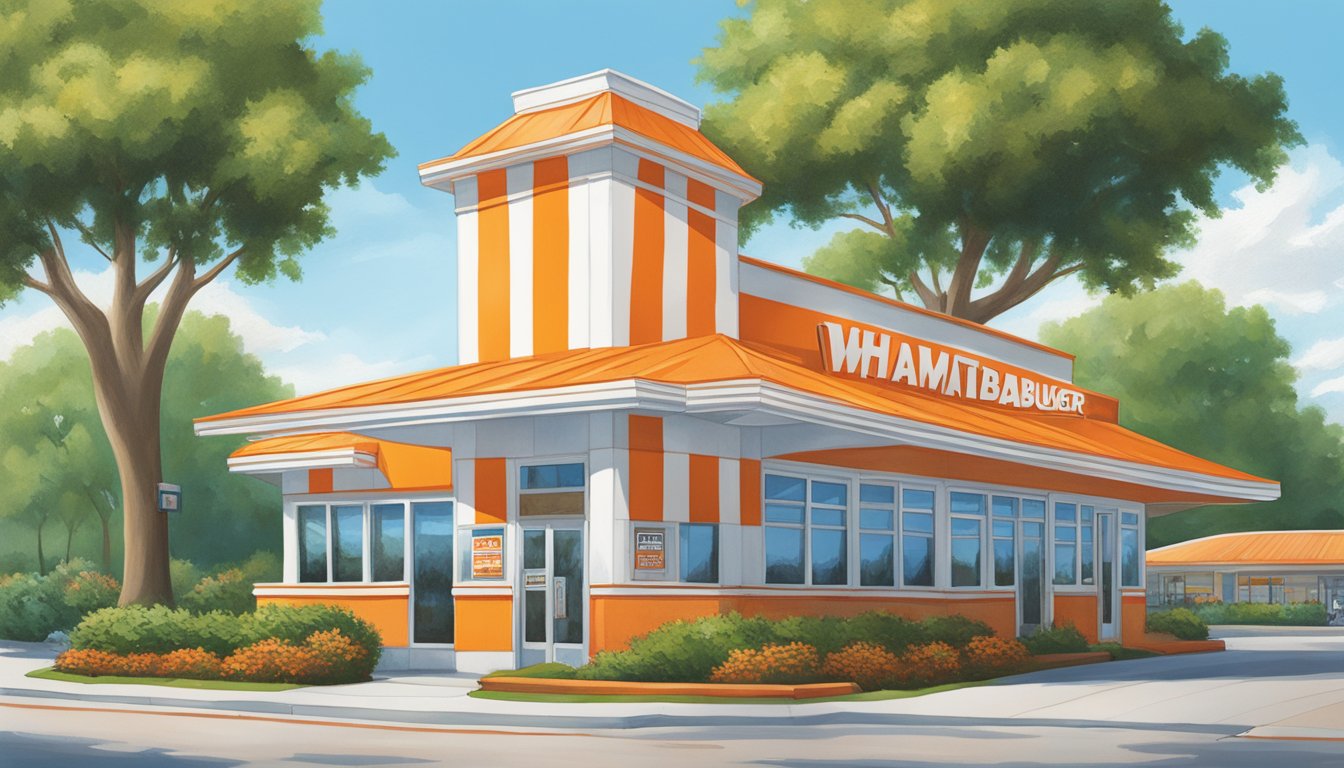 The iconic orange and white striped building of Whataburger stands proudly against a blue sky, surrounded by a parking lot and lush green landscaping