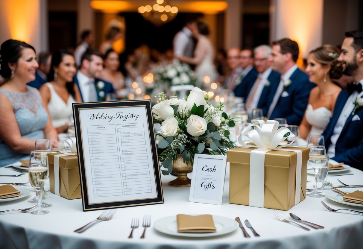 A table with a wedding registry on one side and cash gifts on the other, surrounded by guests at a wedding reception