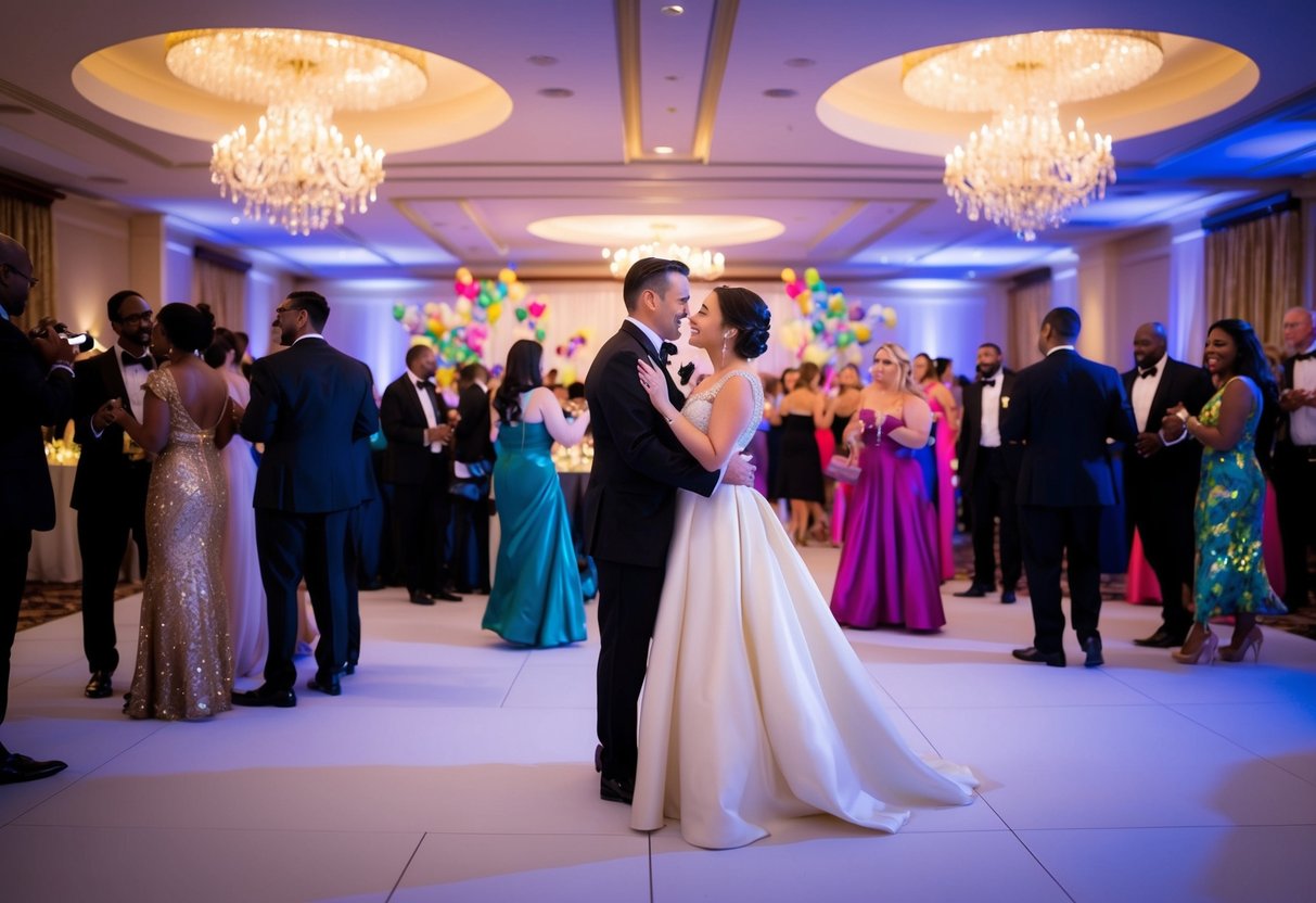 The reception is elegant with soft lighting and classical music. The after-party is lively with colorful decorations and upbeat music