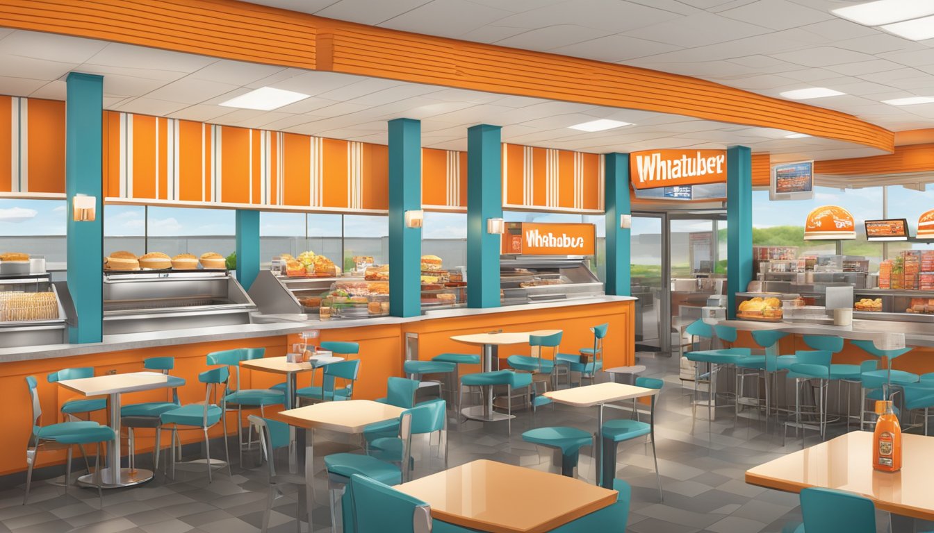 A bustling Whataburger restaurant in Weatherford, TX, with a colorful display of exclusive offers and brand merchandise