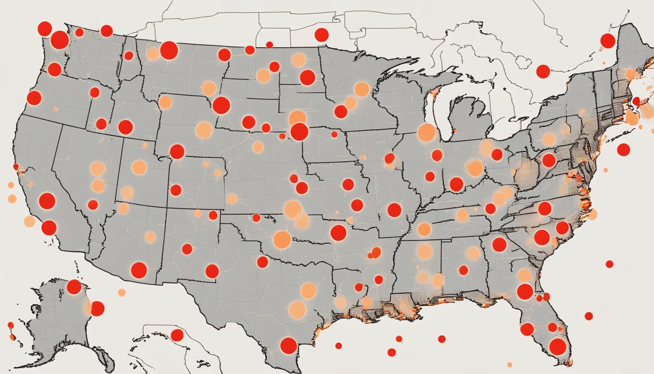 A map of the United States with red dots indicating the locations of Whataburger restaurants across various states