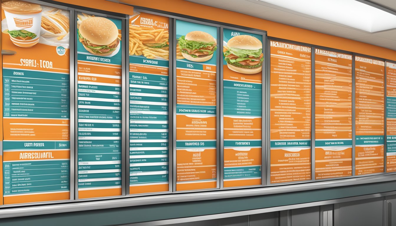 A colorful menu board displaying nutritional information and dietary options at a Whataburger restaurant in Weatherford, TX