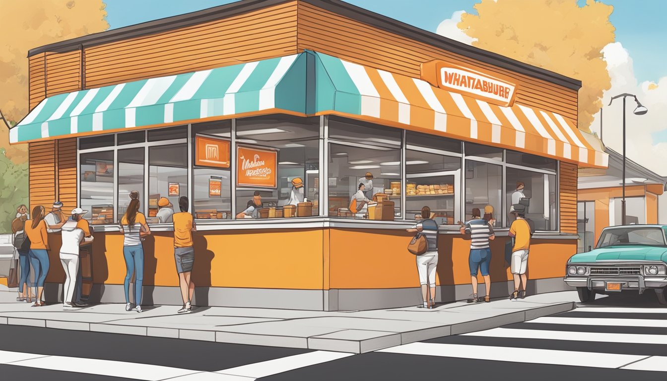 A bustling Whataburger restaurant with a colorful menu board and a line of customers waiting to place their orders. The restaurant is located in a busy commercial area