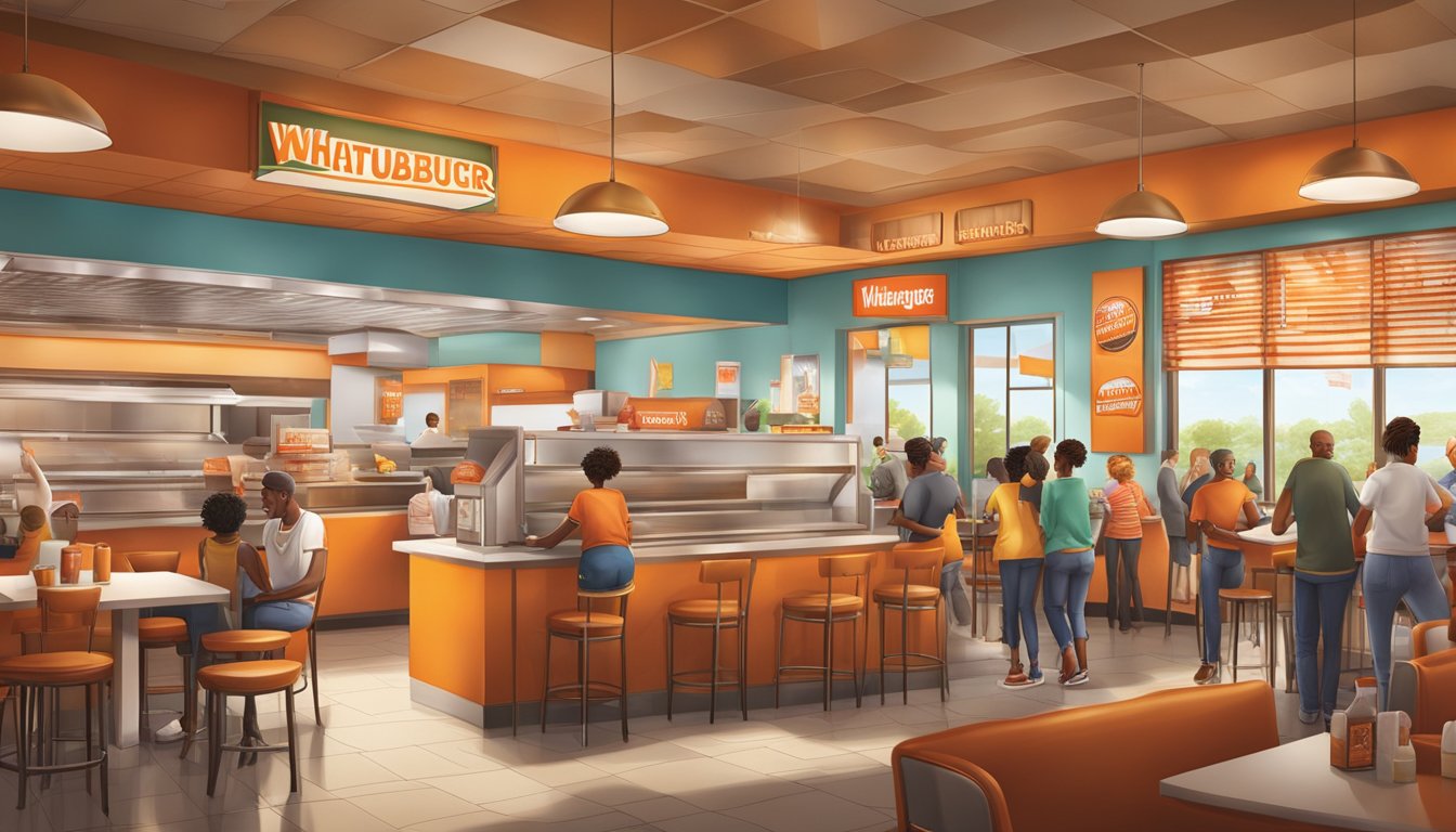 A bustling WhatABurger restaurant with diverse customers and staff, situated in a vibrant community setting with cultural influence evident in the decor and atmosphere