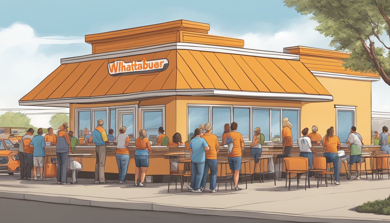 A bustling Whataburger in Weatherford, TX, with a line of customers waiting to order, while others enjoy their meals at tables inside and outside the restaurant