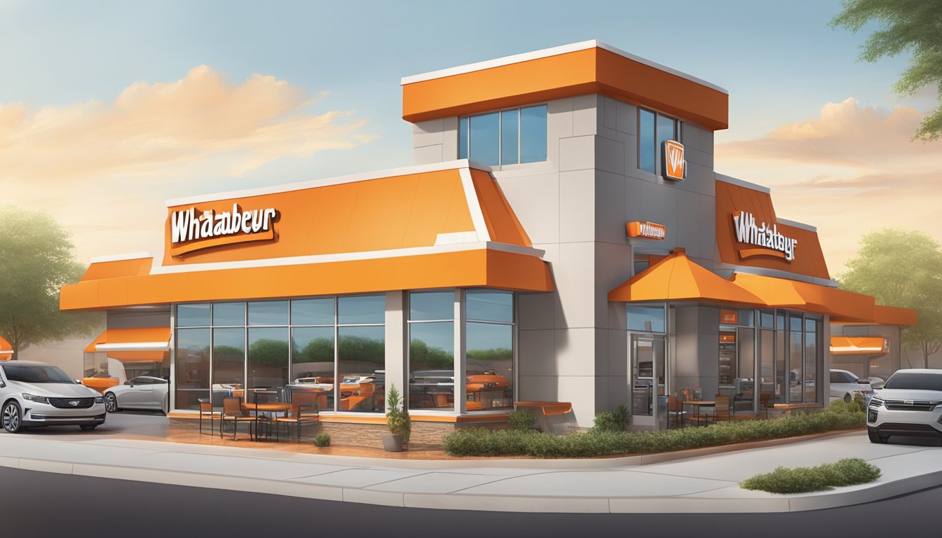 A bustling WhatABurger restaurant with a drive-thru, outdoor seating, and a prominent logo on the building