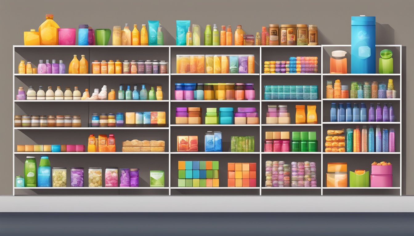 A colorful display of various products arranged in a neat and organized manner, with shelves and signage indicating different categories