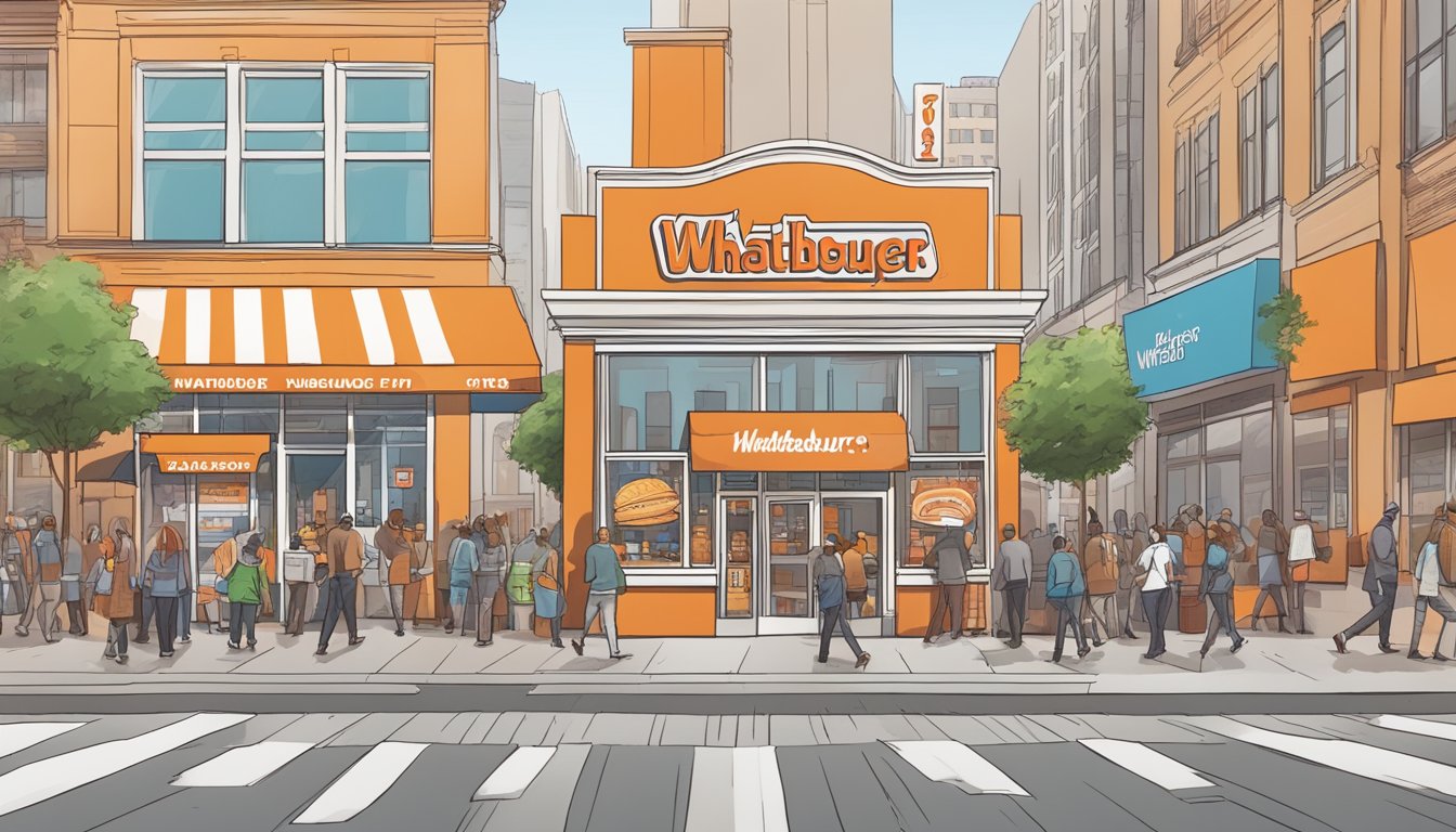 A bustling city street with a prominent Whataburger storefront, surrounded by other businesses and potential franchise locations