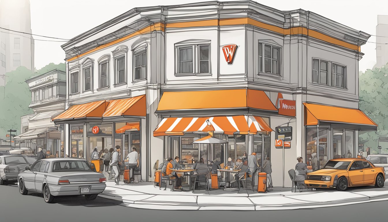 A busy street corner with two distinct fast food restaurants, one with a red and white striped roof and the other with a large orange and white "W" logo