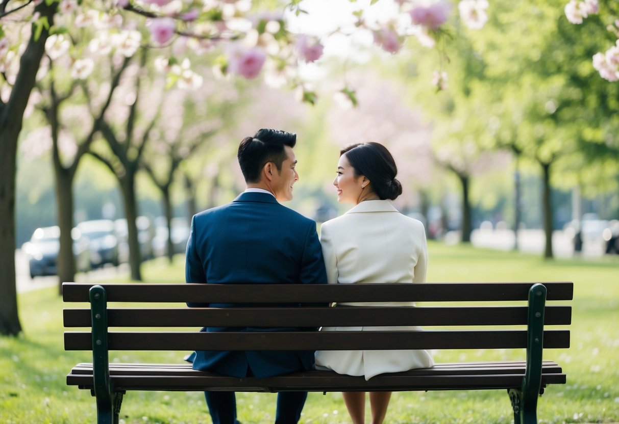 A couple sitting on a park bench, facing each other with thoughtful expressions, surrounded by blooming flowers and a serene atmosphere