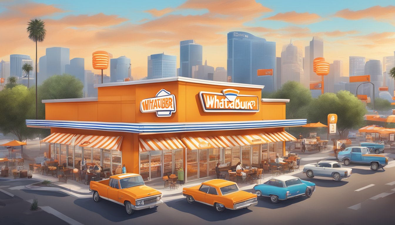 A bustling WhatABurger restaurant surrounded by social media icons and digital billboards