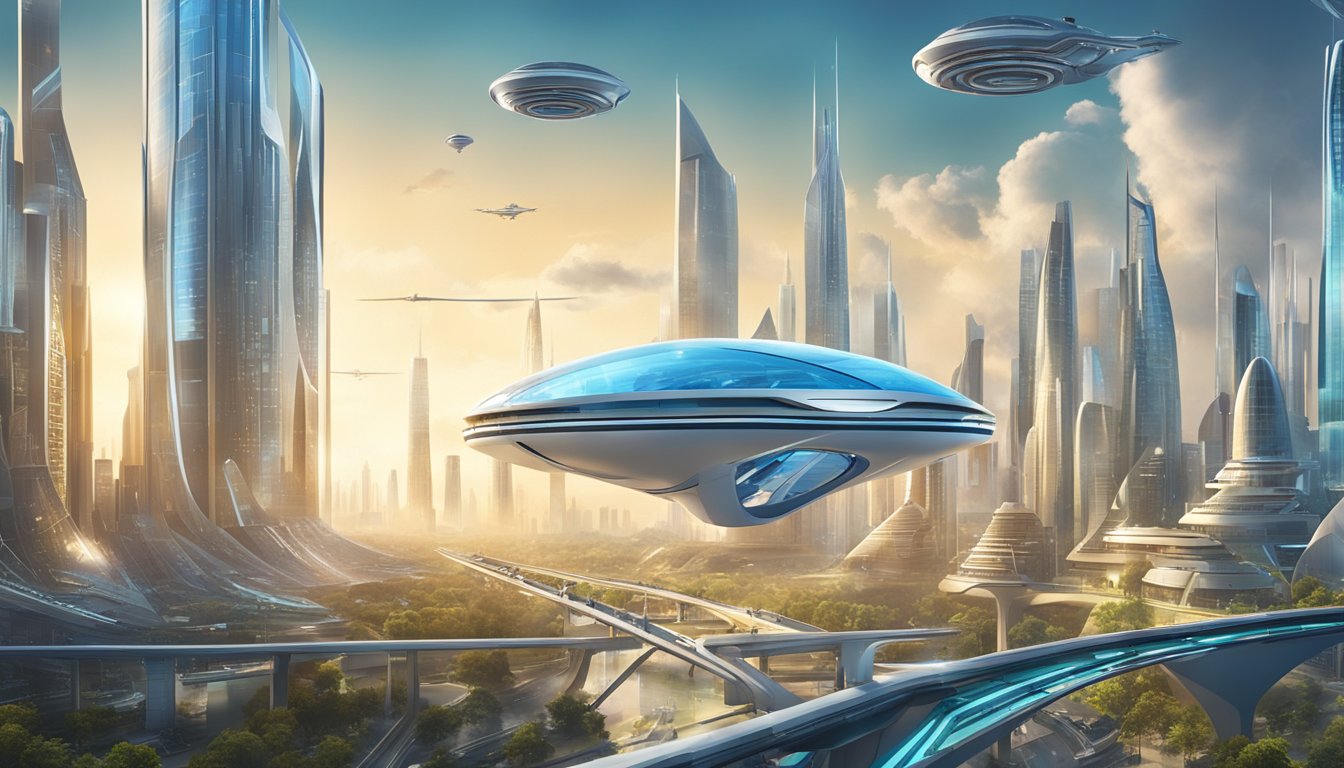 A futuristic city skyline with sleek, cutting-edge architecture and flying vehicles, surrounded by advanced technology and renewable energy sources