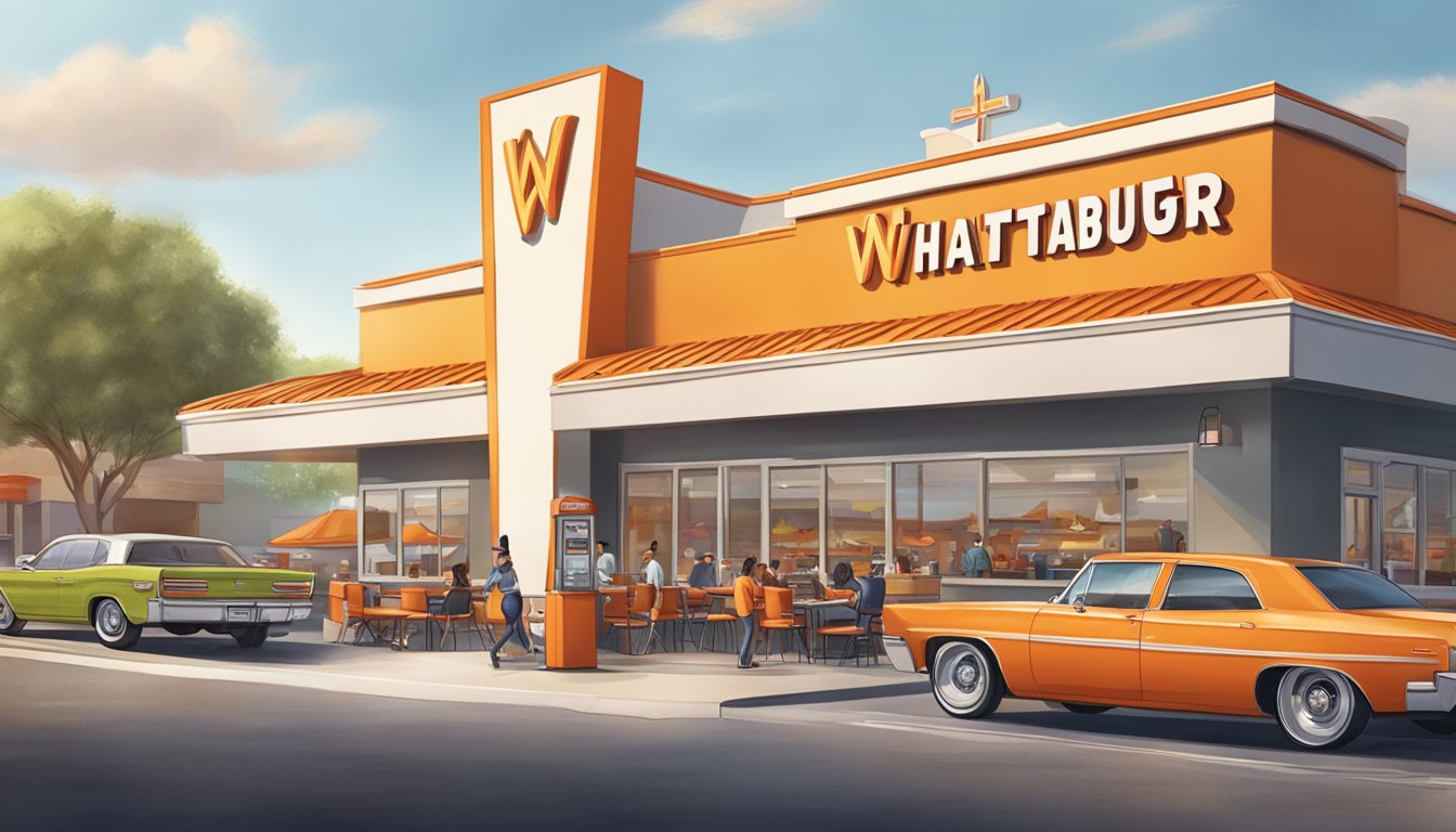 A bustling Whataburger restaurant with a drive-thru and indoor dining area, surrounded by a busy commercial district