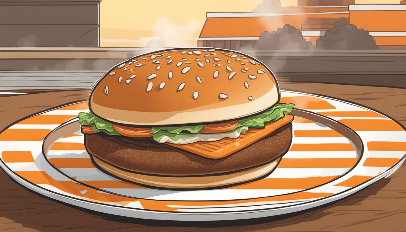 A sizzling brioche bun being carefully placed on a grill next to a classic Whataburger patty, with the iconic orange and white striped wrapper nearby