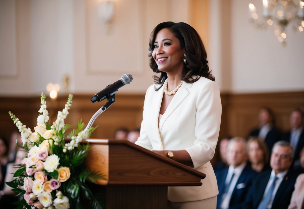 A mother stands at a podium, surrounded by flowers and elegant decor. She holds a microphone and looks out at the audience with a warm and confident smile