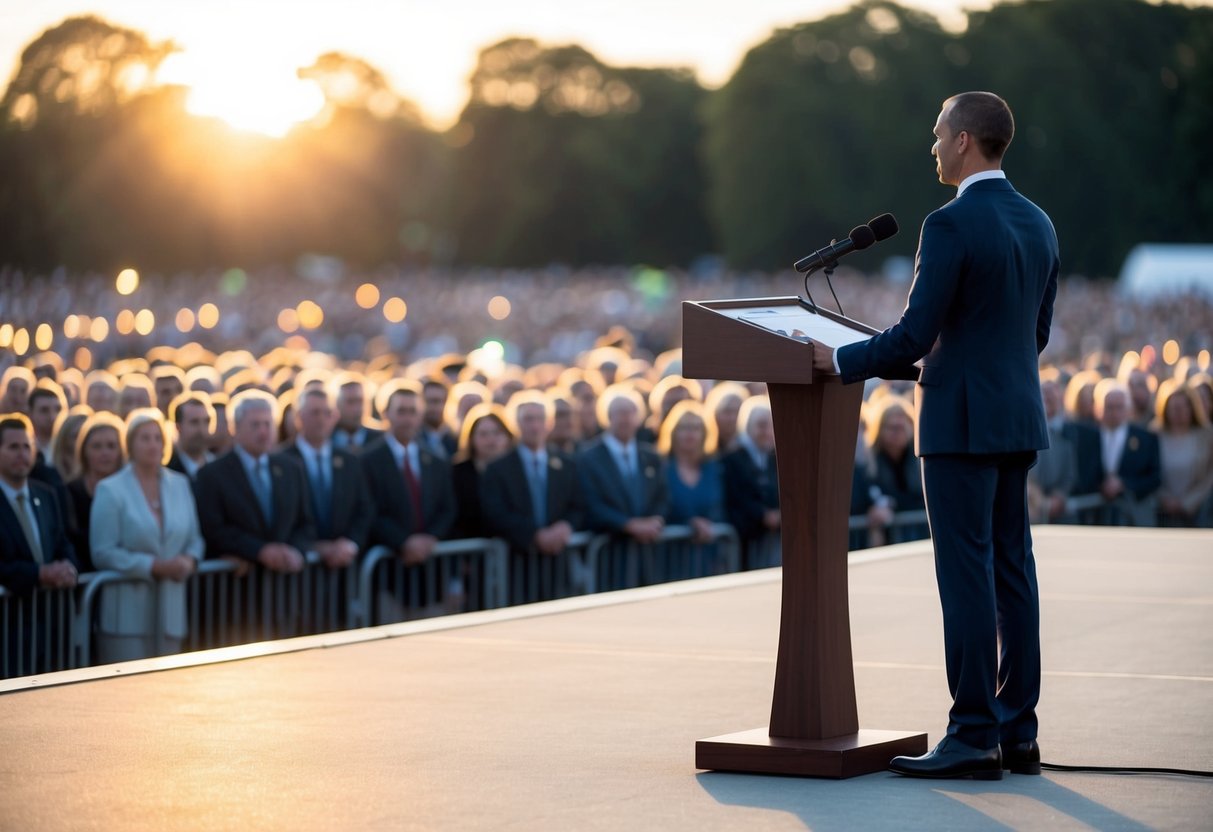 A lone figure stands on a podium, the crowd before them hushed in anticipation. The sun sets behind them, casting a warm glow on the scene