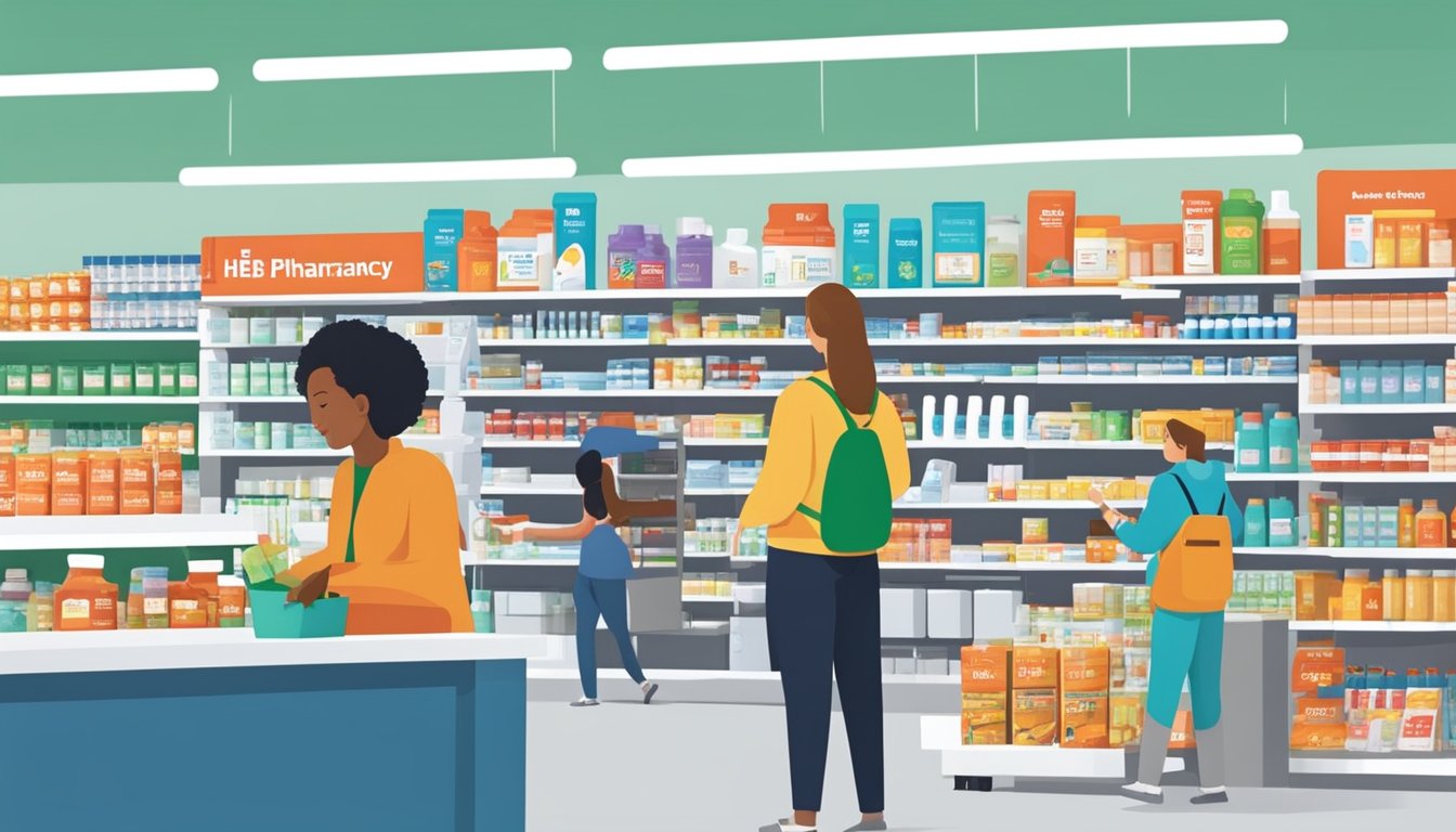 A busy H-E-B pharmacy with customers at the counter and shelves stocked with medication and health products