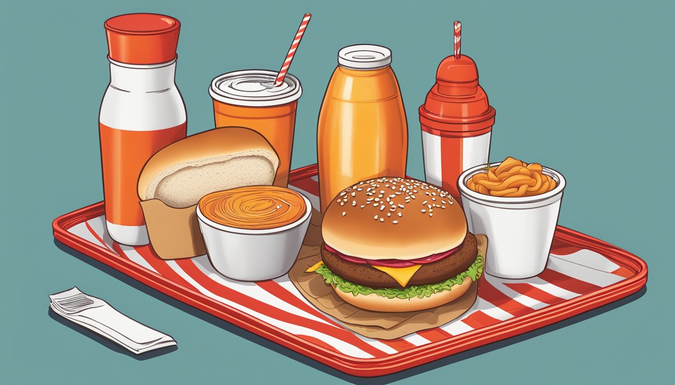 A brioche bun Whataburger sits on a red tray, surrounded by colorful menu items and condiments