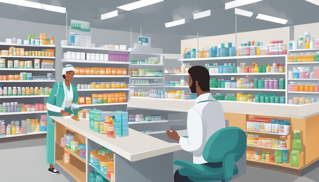 A busy pharmacy counter with shelves of medication, a pharmacist assisting a customer, and a sign displaying "Services Offered" at HEB Pharmacy