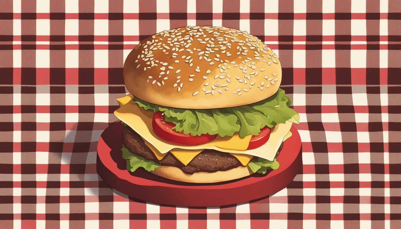 A golden brioche bun with sesame seeds, topped with a juicy beef patty, lettuce, tomato, and melted cheese, served on a red and white checkered paper wrapper