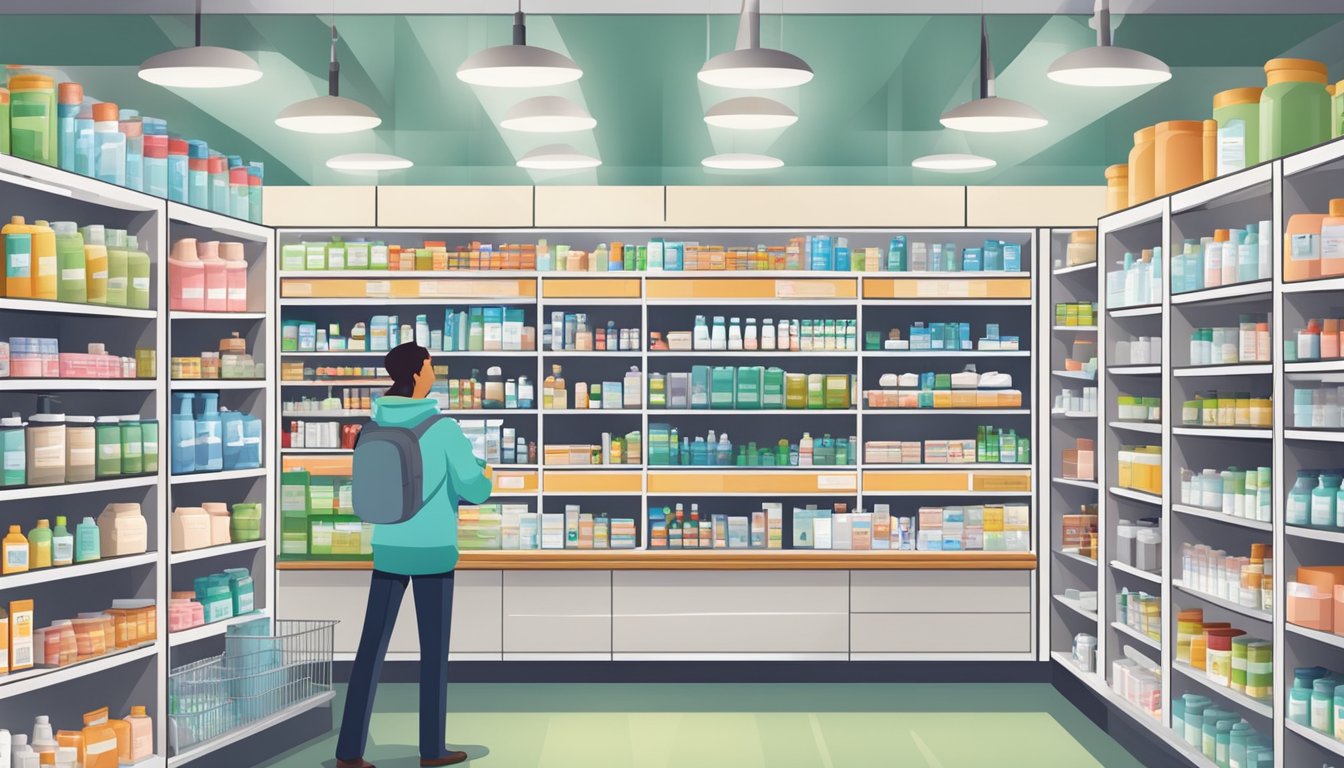 A busy pharmacy with shelves of medicine, a counter for prescriptions, and customers browsing aisles for health and beauty products