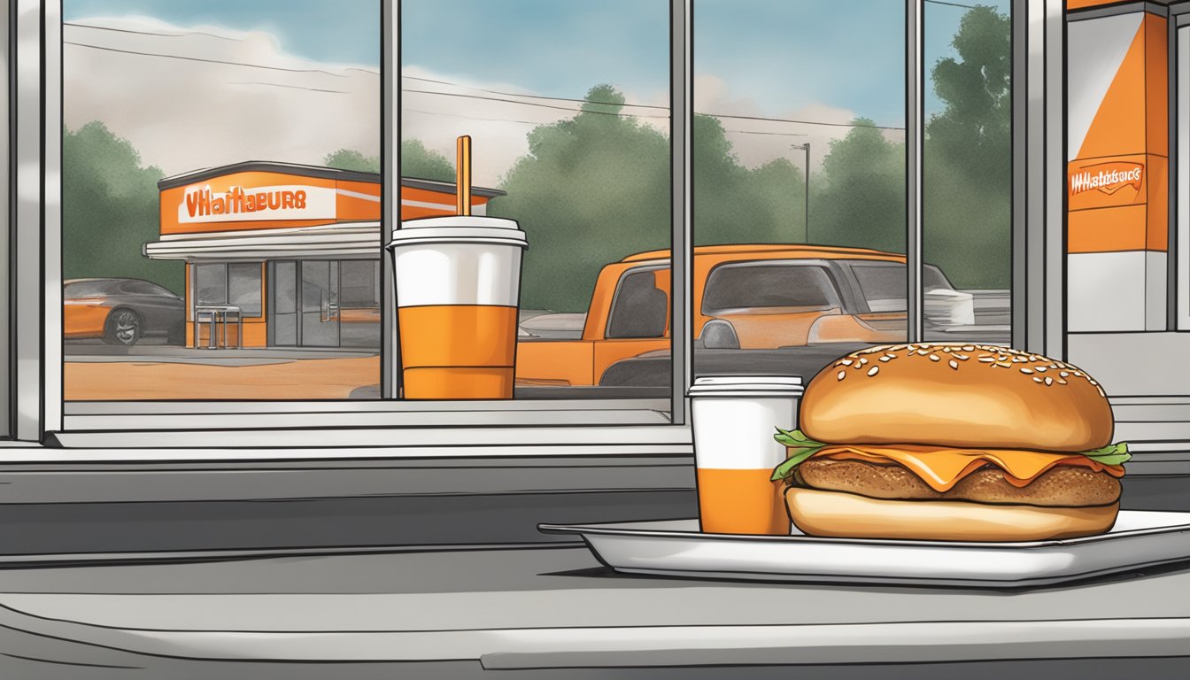 A brioche bun sits on a tray, next to a Whataburger wrapper, with a convenient drive-thru window in the background