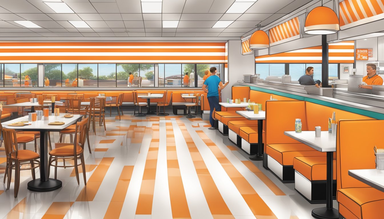 A bustling Whataburger dining room with colorful booths, a busy counter, and the iconic orange and white striped decor