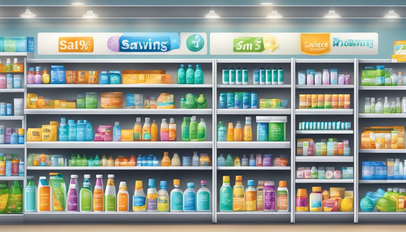 A brightly lit pharmacy shelf displays various items with "Savings and Promotions" signs