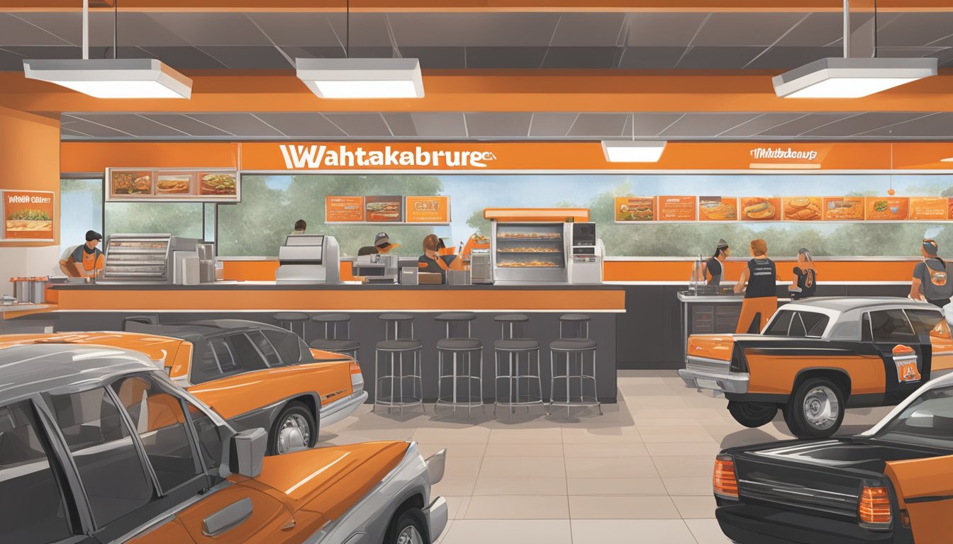 A bustling Whataburger restaurant in Mesa, with cars in the drive-thru and customers inside ordering at the counter. Staff members are seen working behind the food preparation area