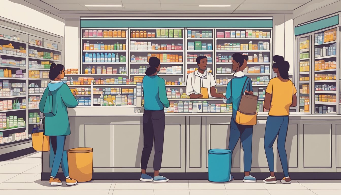 A busy pharmacy with customers at the counter, shelves stocked with various medicines and products, and a sign displaying "Competitive Comparison" offers