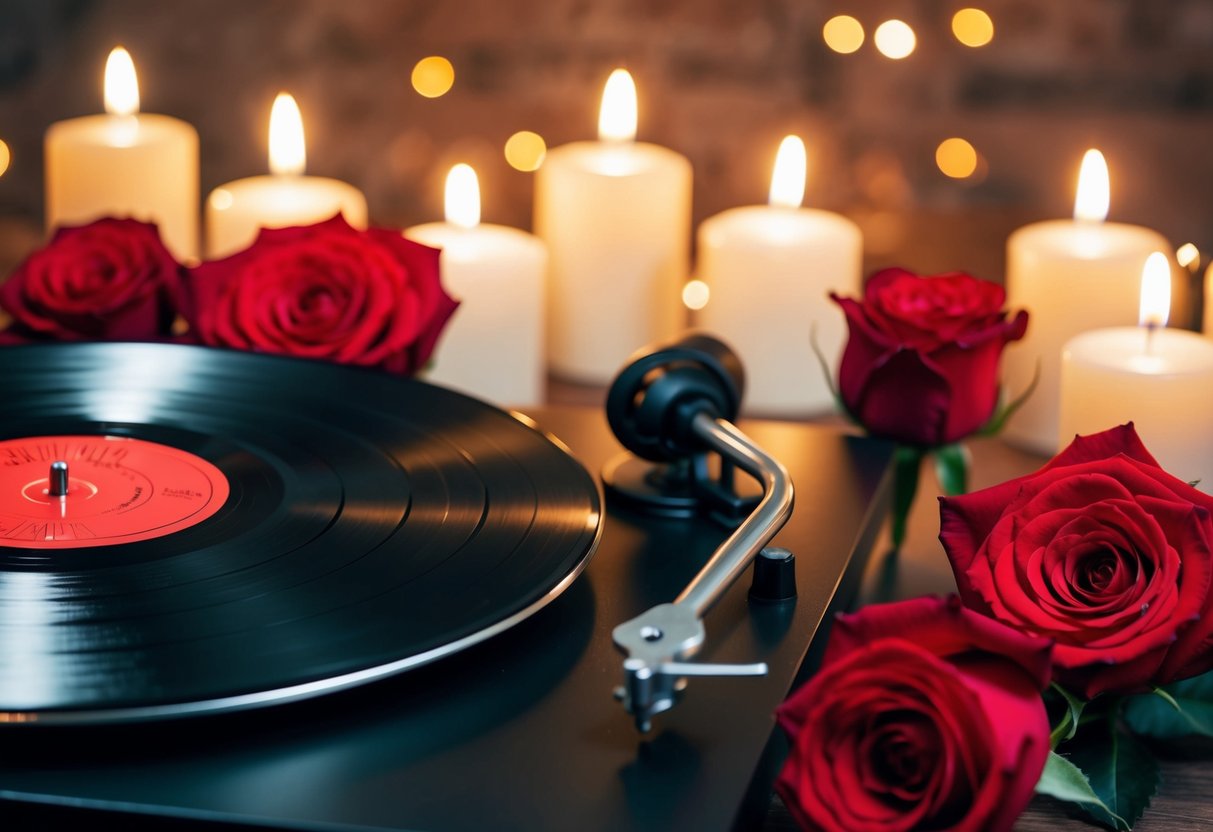 A heart-shaped vinyl record spins on a turntable, surrounded by red roses and flickering candlelight