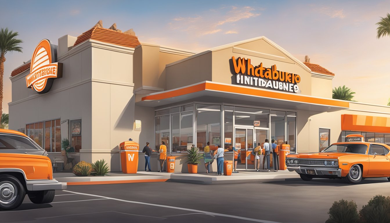 A bustling Whataburger restaurant in Mesa, Arizona, with a prominent "Special Offers and Promotions" sign displayed outside. The parking lot is full, and customers are entering and exiting the building