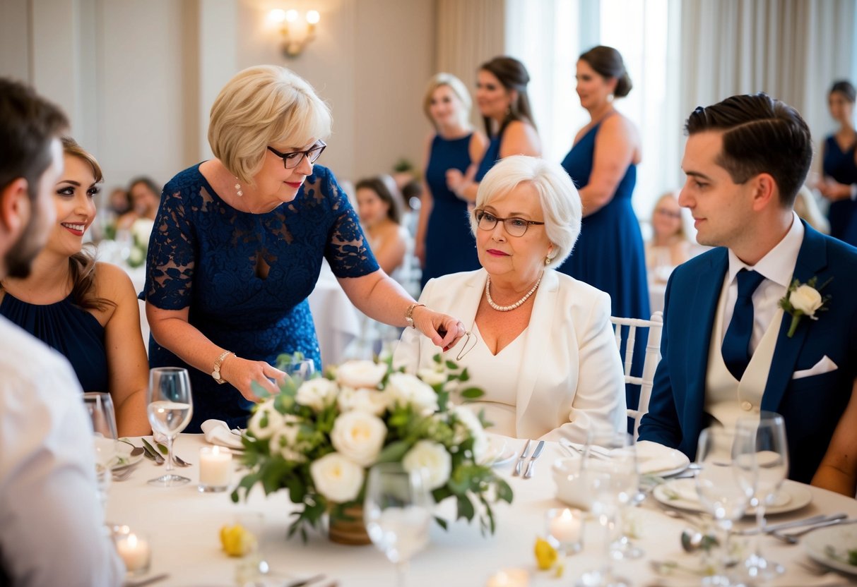 The groom's mother organizes seating arrangements for the wedding reception, coordinating with the event planner and ensuring guests are comfortably accommodated