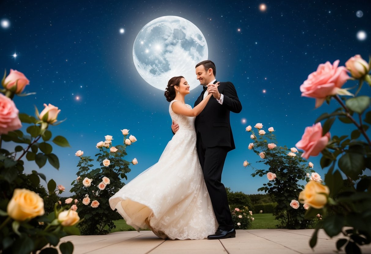A couple dancing under a starry sky, surrounded by blooming roses and a full moon