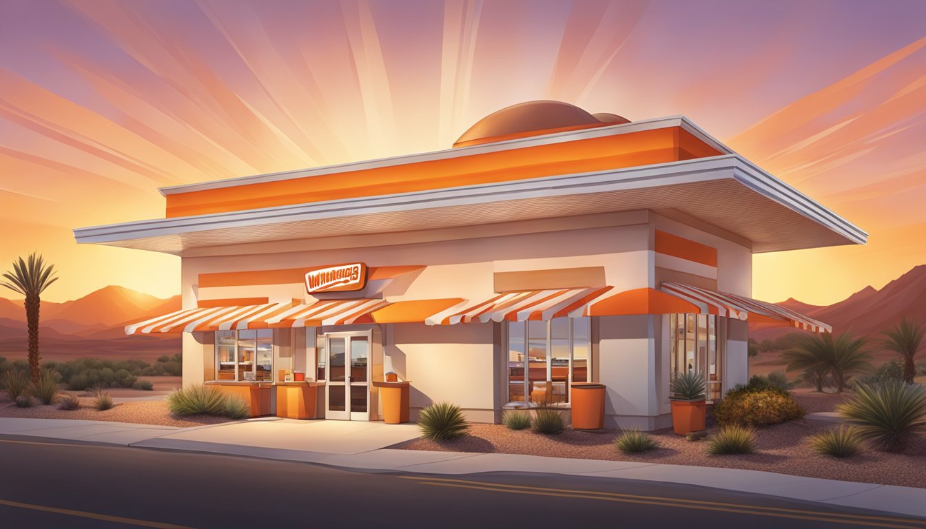 The iconic orange and white striped roof of a Whataburger restaurant against a vibrant desert sunset