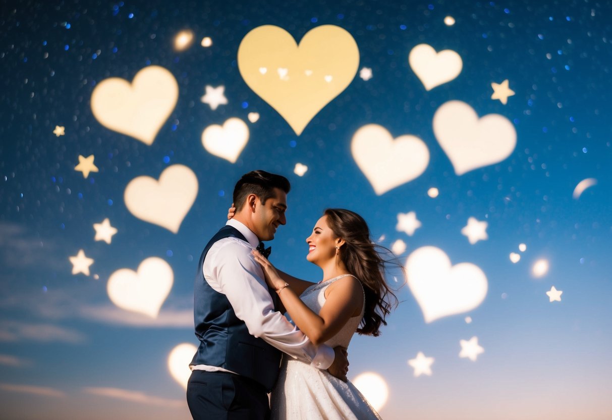 A couple slow dancing under a starry sky, surrounded by iconic symbols of love and romance