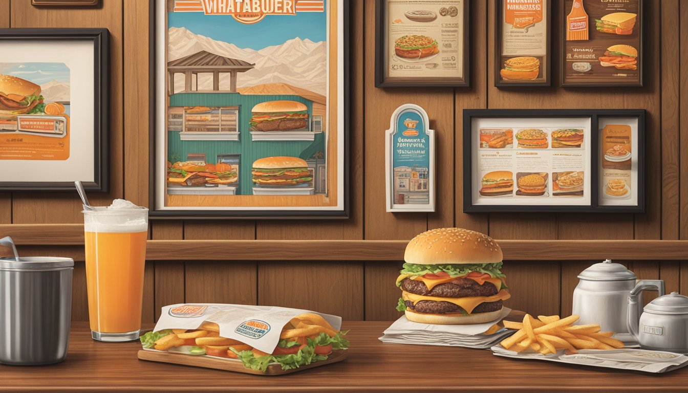 A vintage Whataburger menu displayed on a wooden counter, surrounded by nostalgic memorabilia and framed photos of the restaurant's history