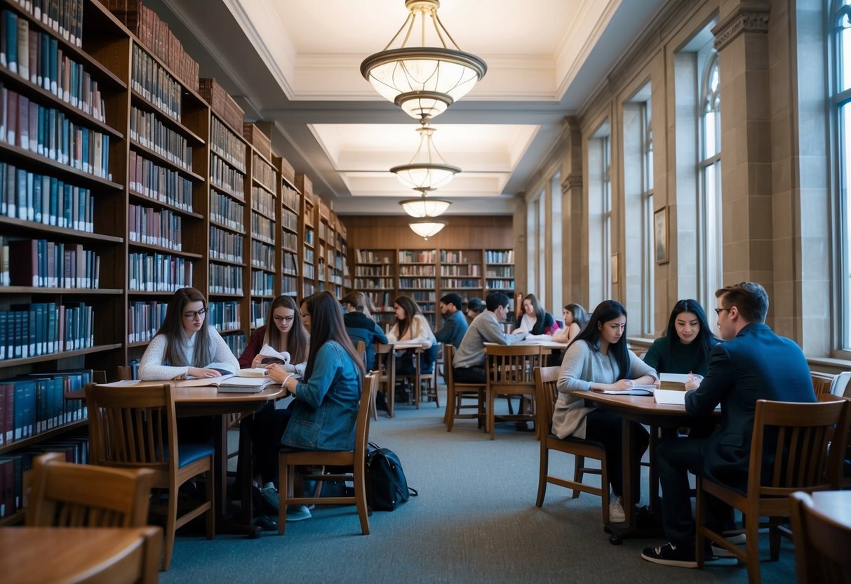 A serene library with a diverse collection of religious texts and academic resources, surrounded by students studying and engaging in thoughtful discussions