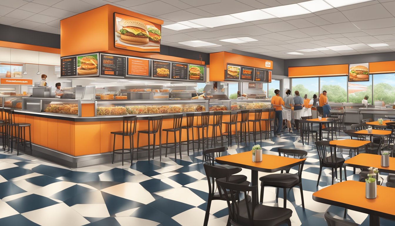 A bustling Whataburger restaurant with a diverse menu displayed on a large, illuminated board. Customers of all ages and abilities enjoy their meals